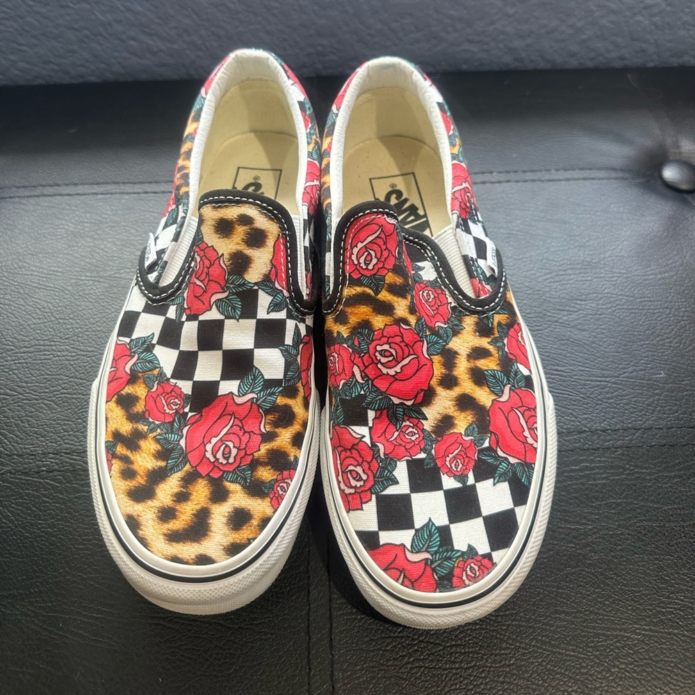 Women’s Vans Classic Slip on with Roses and animal checker print